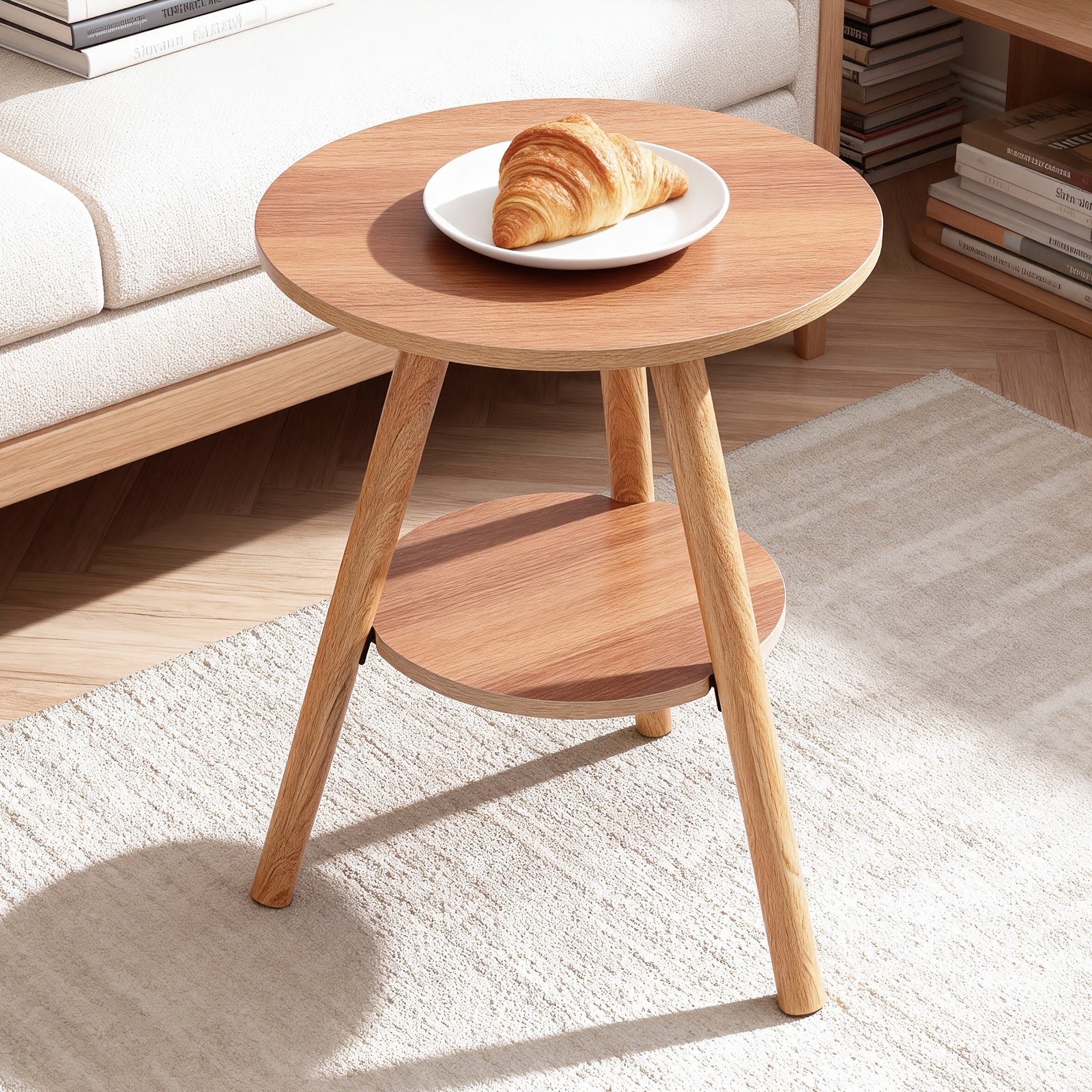 Bout de canapé rond en bois avec rangement deux niveaux