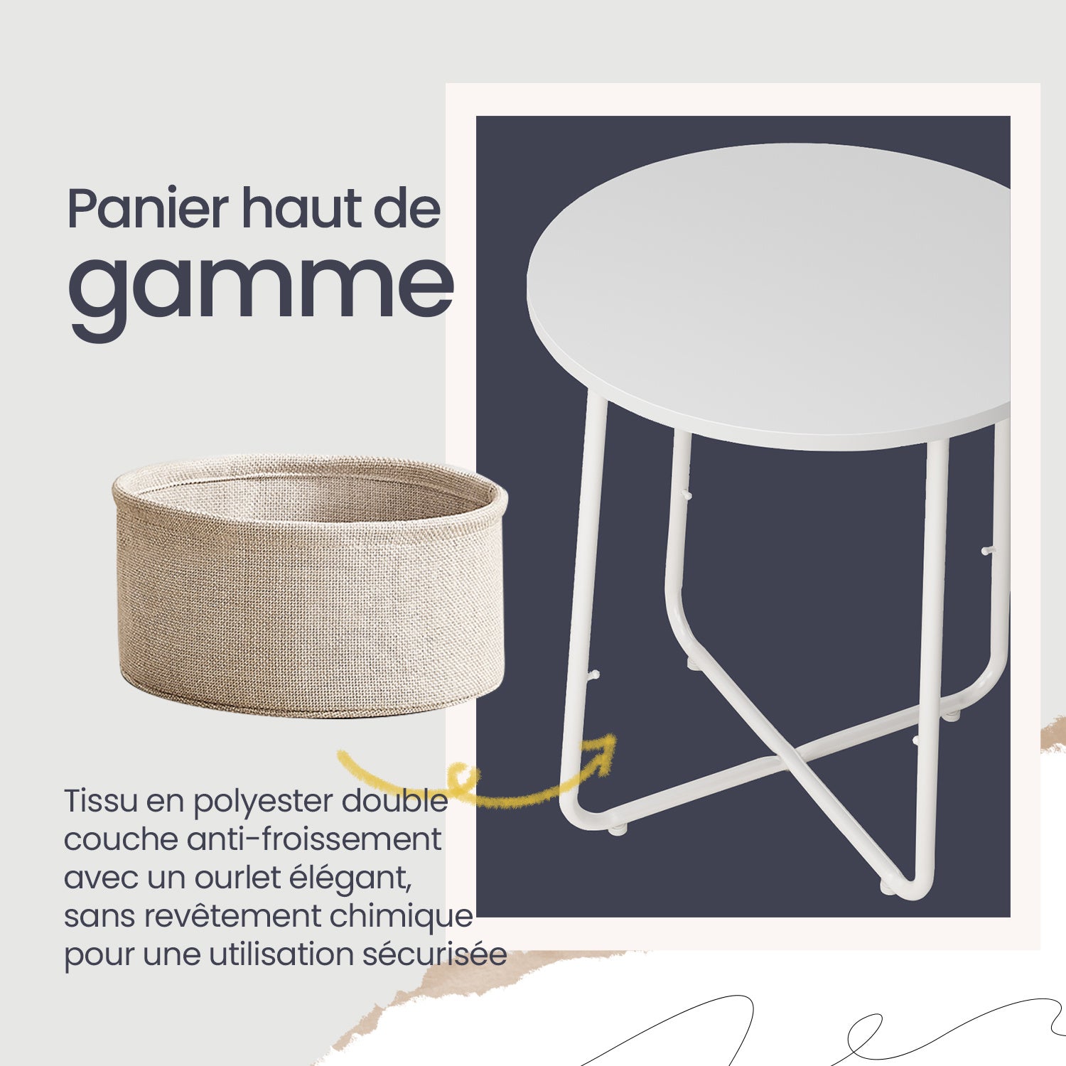 Bout de canapé rond avec panier de rangement