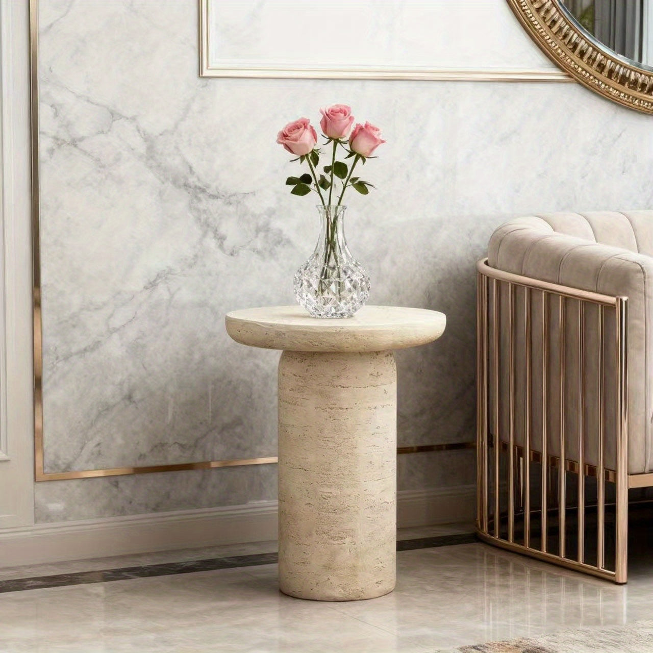 Bout de Canapé Rond Effet Travertin