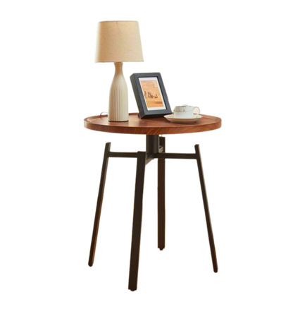 Bout de canapé rond en bois noyer et métal noir