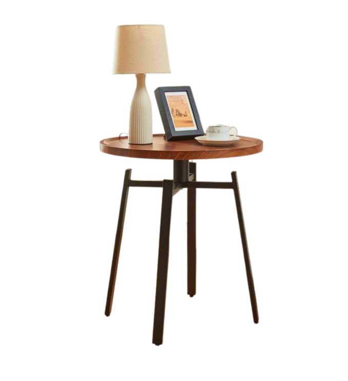 Bout de canapé rond en bois noyer et métal noir