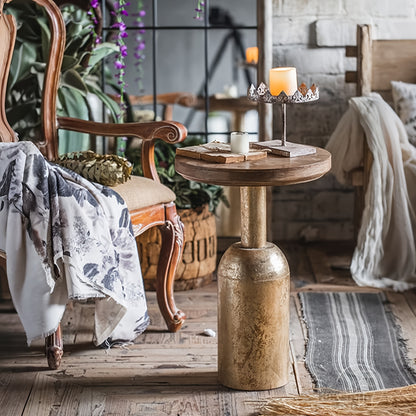 Guéridon Bois Massif Pied Doré Patiné