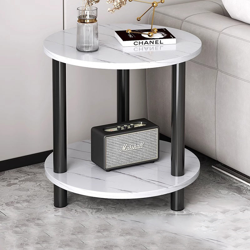 Bout de Canapé Rond Marbre Blanc 2 Niveaux