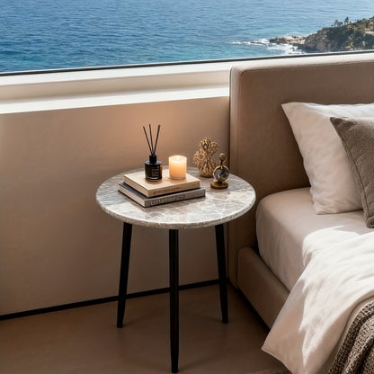 Bout de canapé rond effet marbre et métal noir