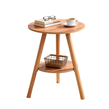 Bout de canapé rond en bois avec rangement deux niveaux