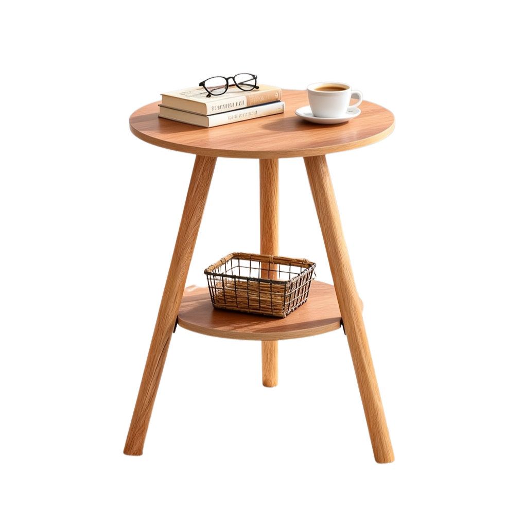 Bout de canapé rond en bois avec rangement deux niveaux