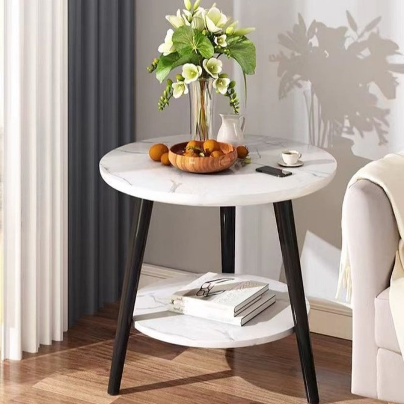 Bout de canapé rond à double plateau effet marbre