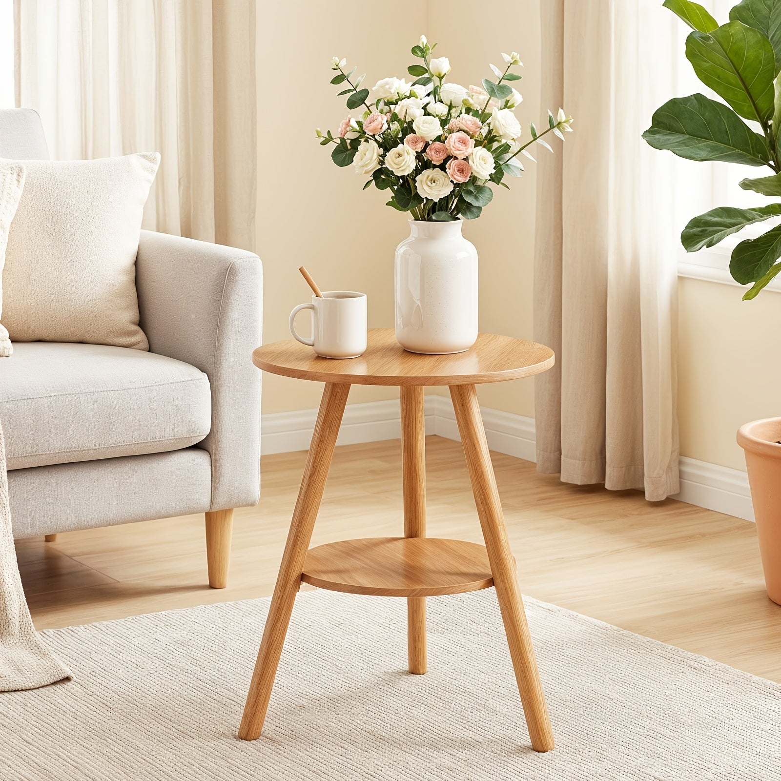 Bout de canapé rond en bois avec rangement deux niveaux