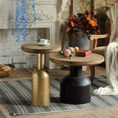 Guéridon Bois Massif Pied Doré Patiné