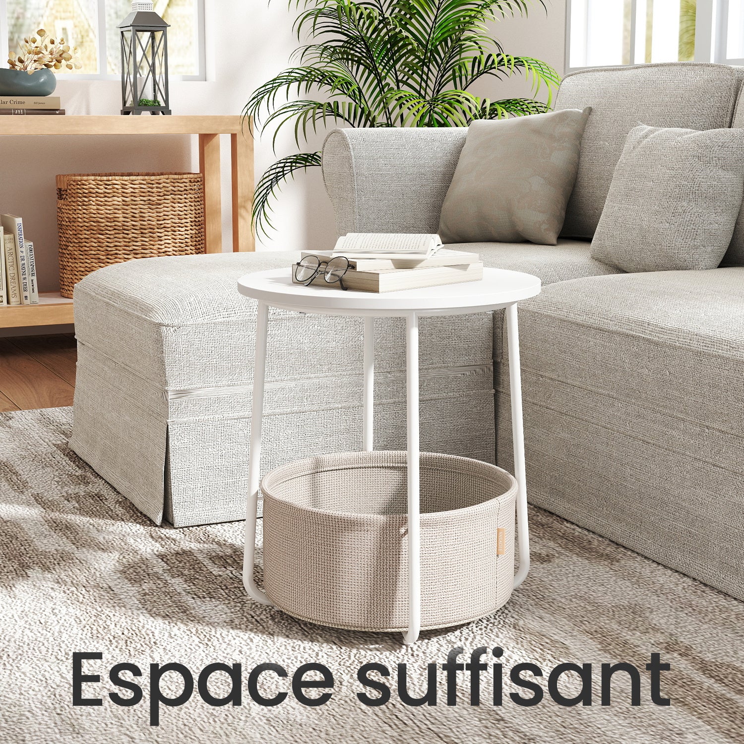 Bout de canapé rond avec panier de rangement