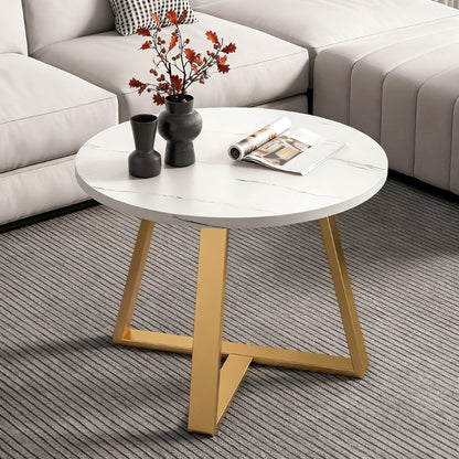 Bout de canapé rond effet marbre blanc et pieds dorés