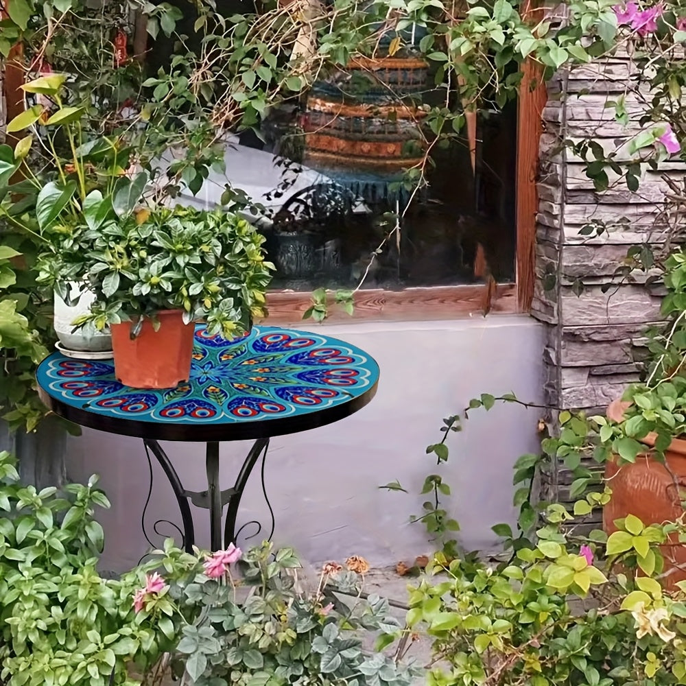 Guéridon en Fer Forgé avec Plateau Verre Mandala