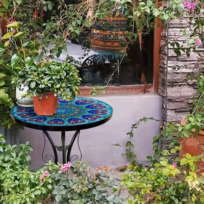 Guéridon en Fer Forgé avec Plateau Verre Mandala