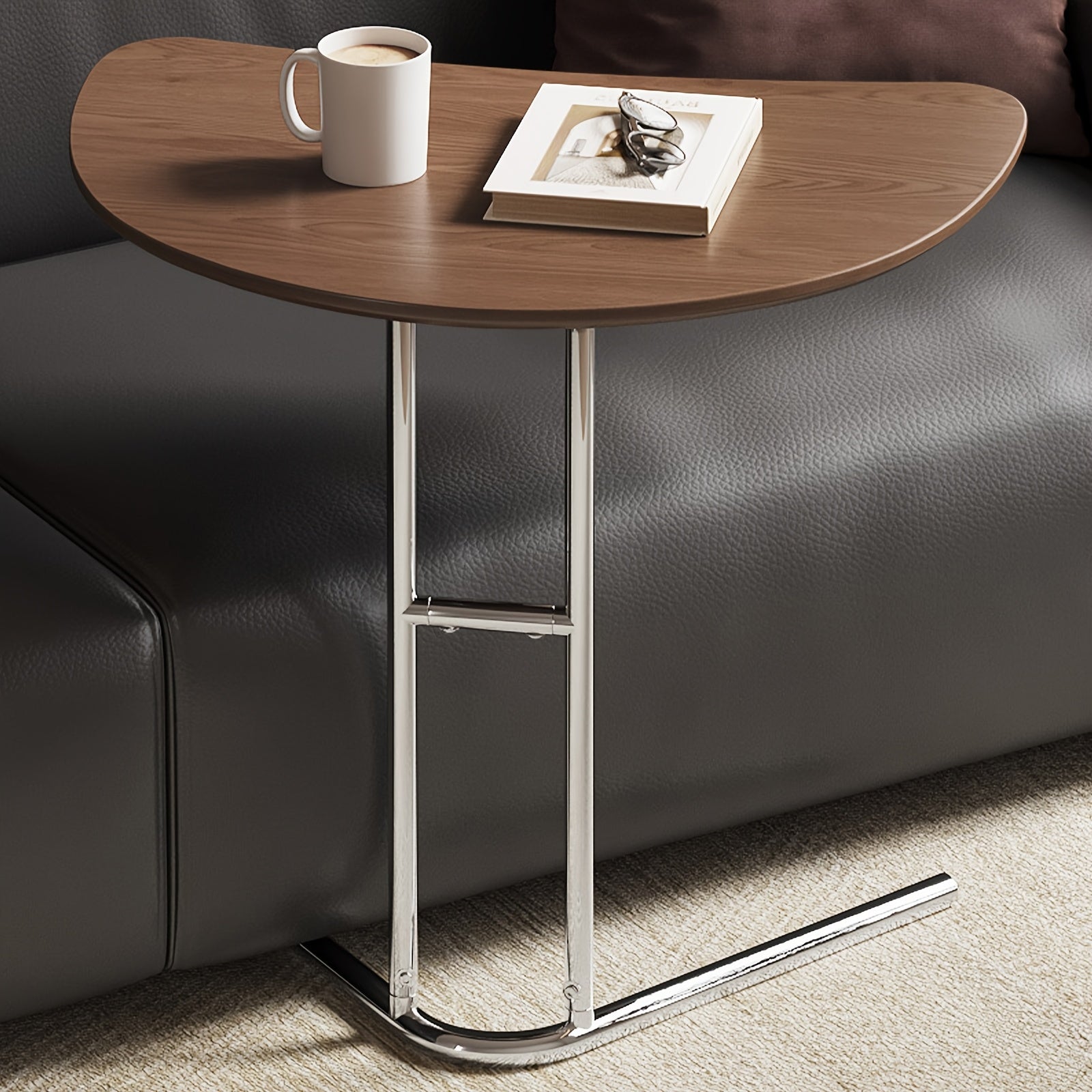 Bout de Canapé Demi-Lune Noyer avec Pieds Chromés