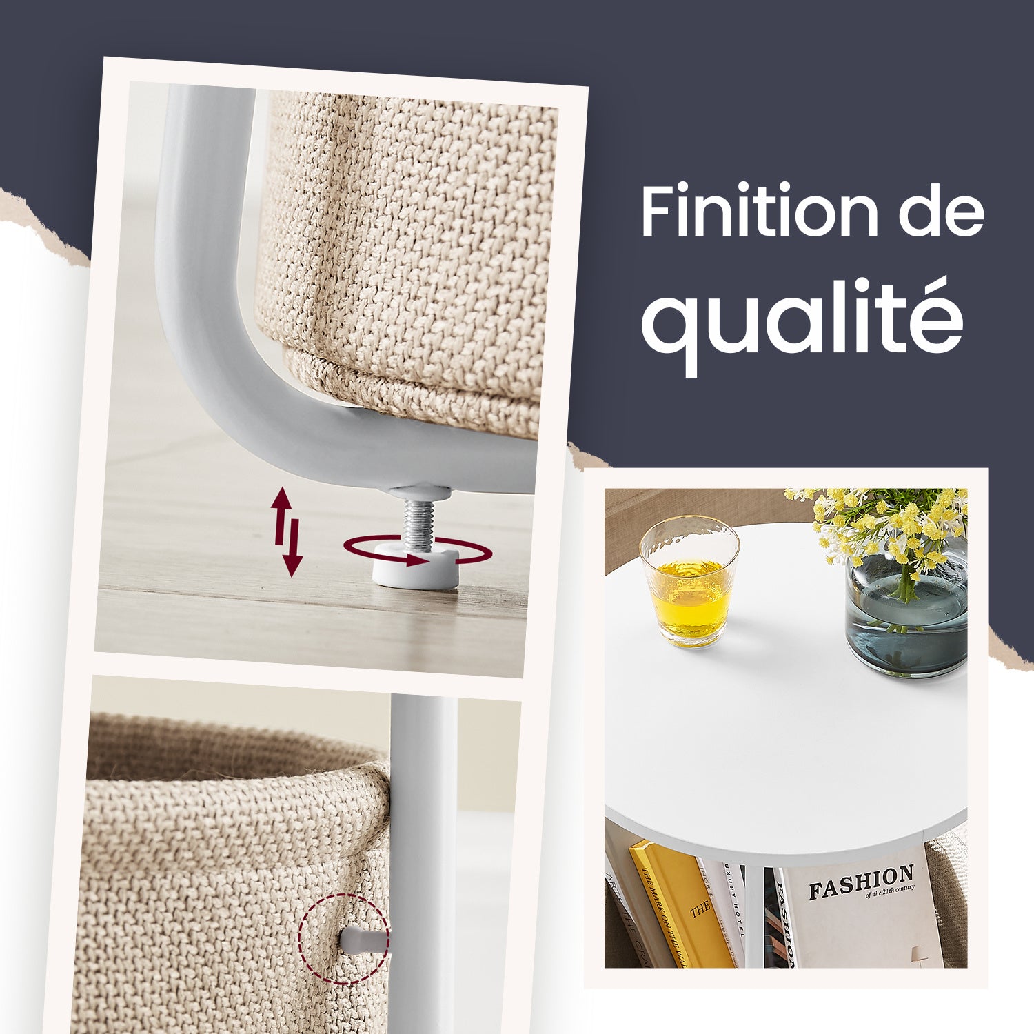 Bout de canapé rond avec panier de rangement