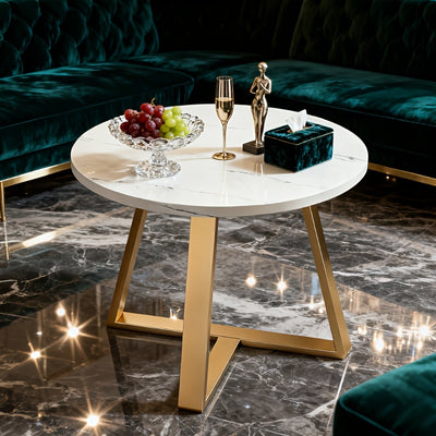 Bout de canapé rond effet marbre blanc et pieds dorés