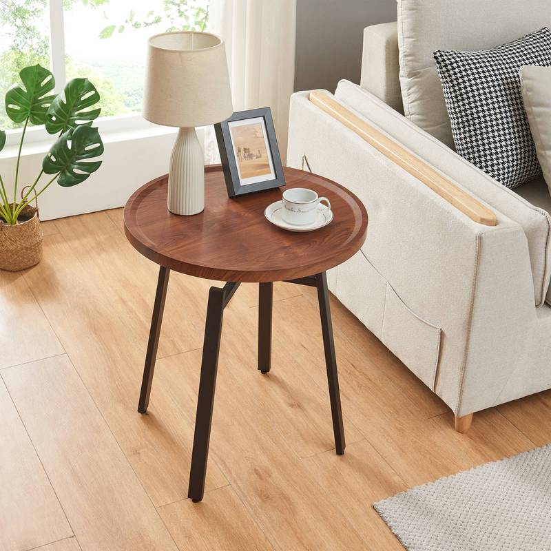 Bout de canapé rond en bois noyer et métal noir