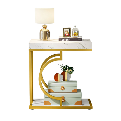 Bout de Canapé Marbre Blanc et Doré avec Rangement