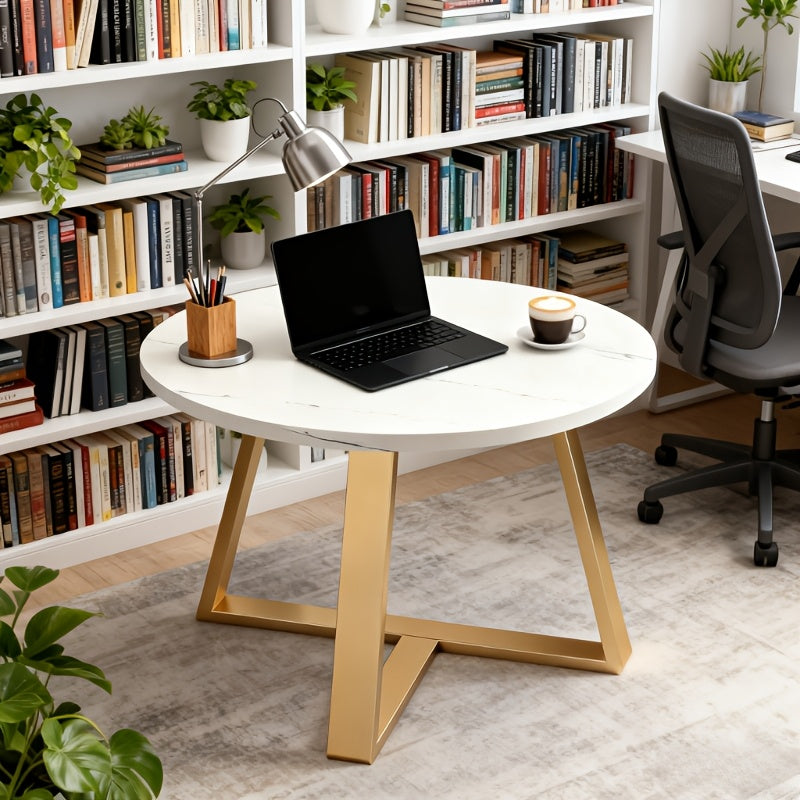 Bout de canapé rond effet marbre blanc et pieds dorés