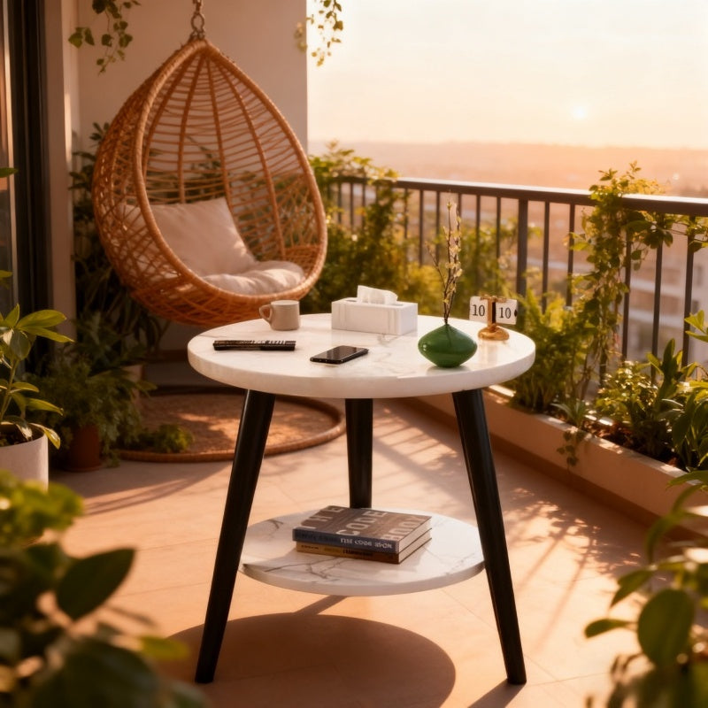 Bout de canapé rond à double plateau effet marbre