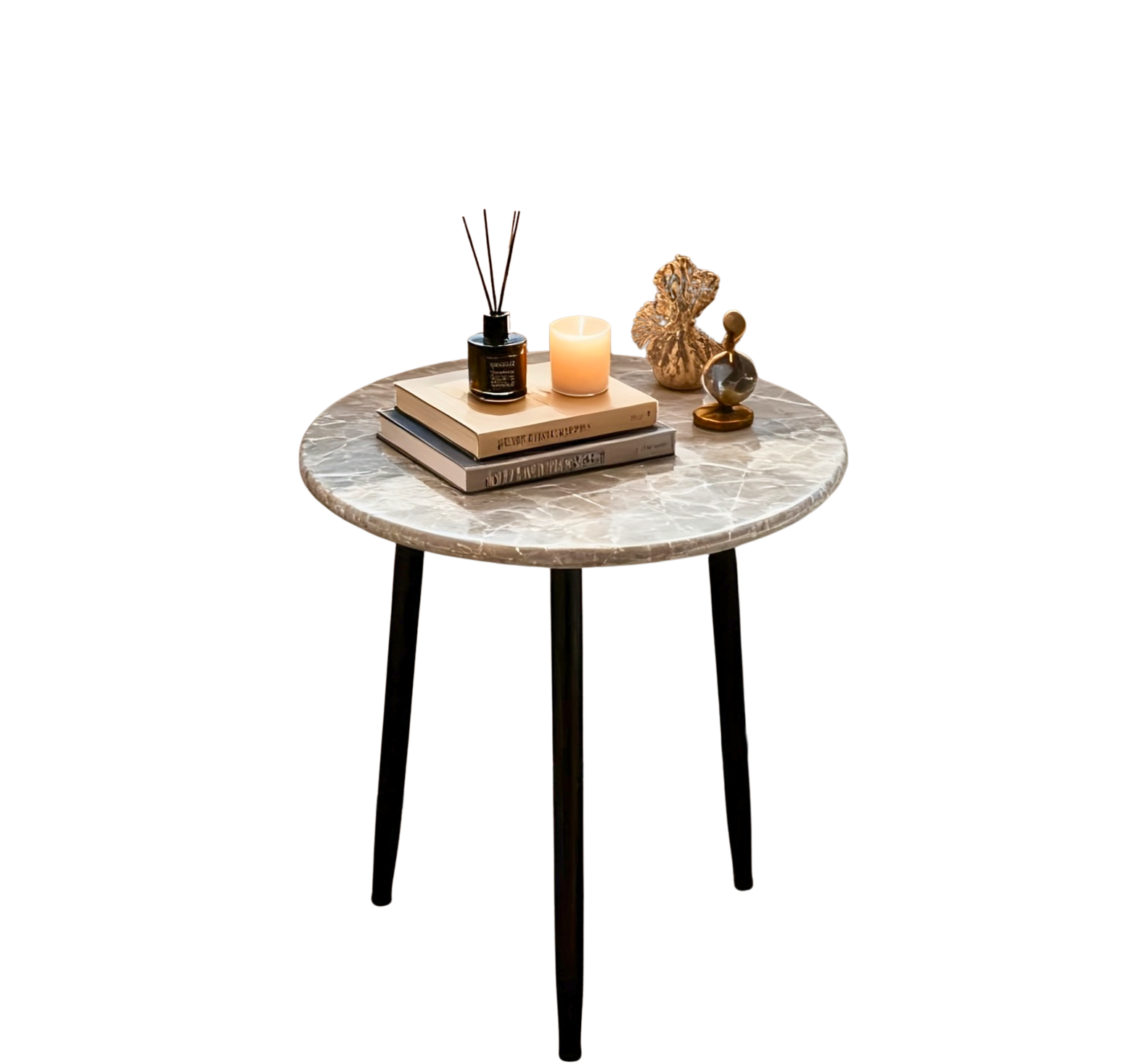 Bout de canapé rond effet marbre et métal noir