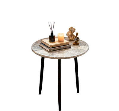 Bout de canapé rond effet marbre et métal noir