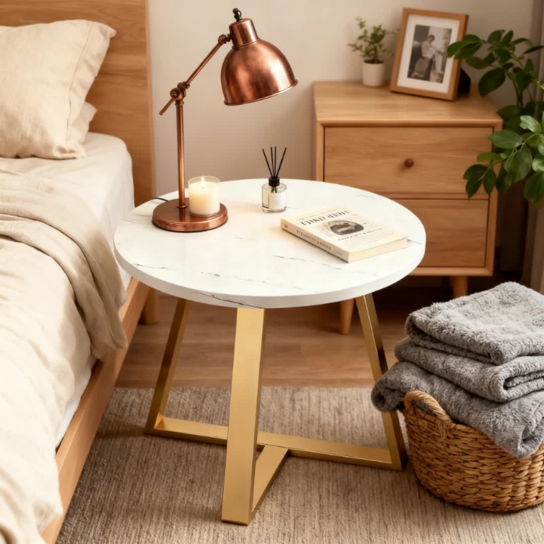 Bout de canapé rond effet marbre blanc et pieds dorés