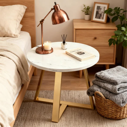 Bout de canapé rond effet marbre blanc et pieds dorés