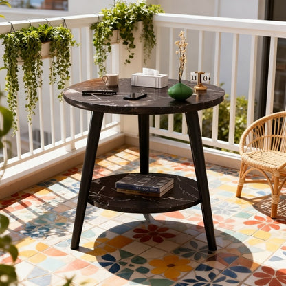 Bout de canapé rond à double plateau effet marbre