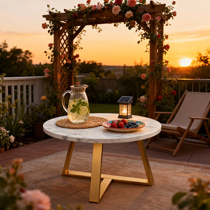 Bout de canapé rond effet marbre blanc et pieds dorés