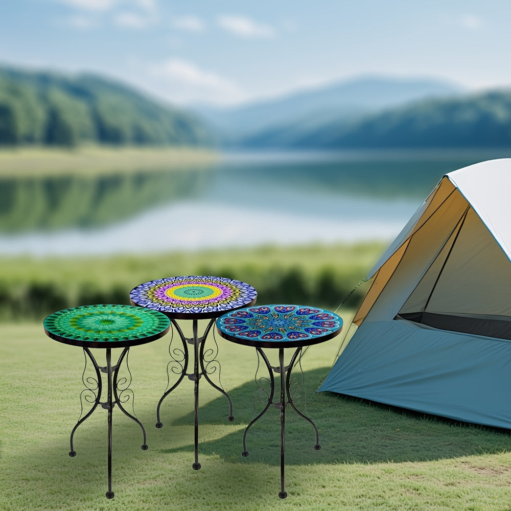 Guéridon en Fer Forgé avec Plateau Verre Mandala