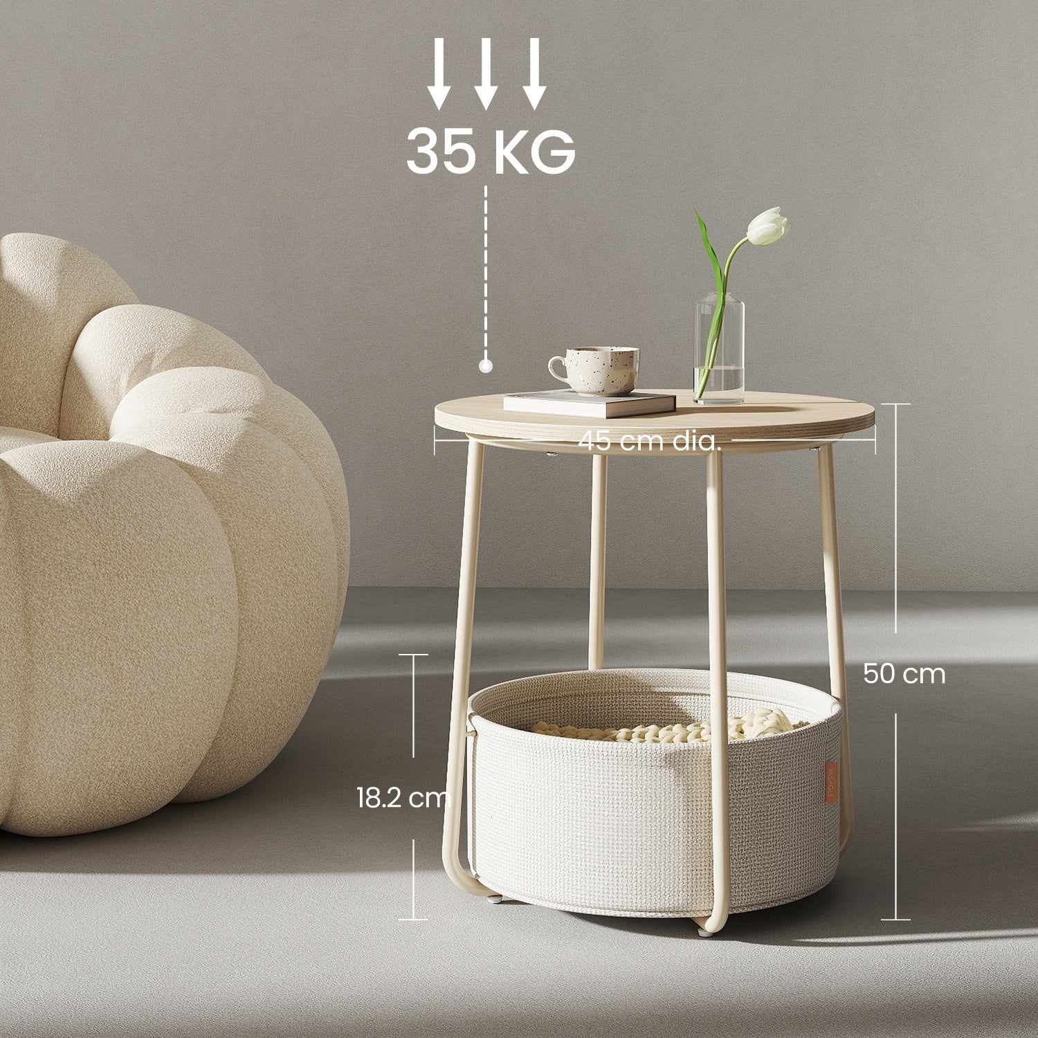 Bout de canapé rond avec panier de rangement