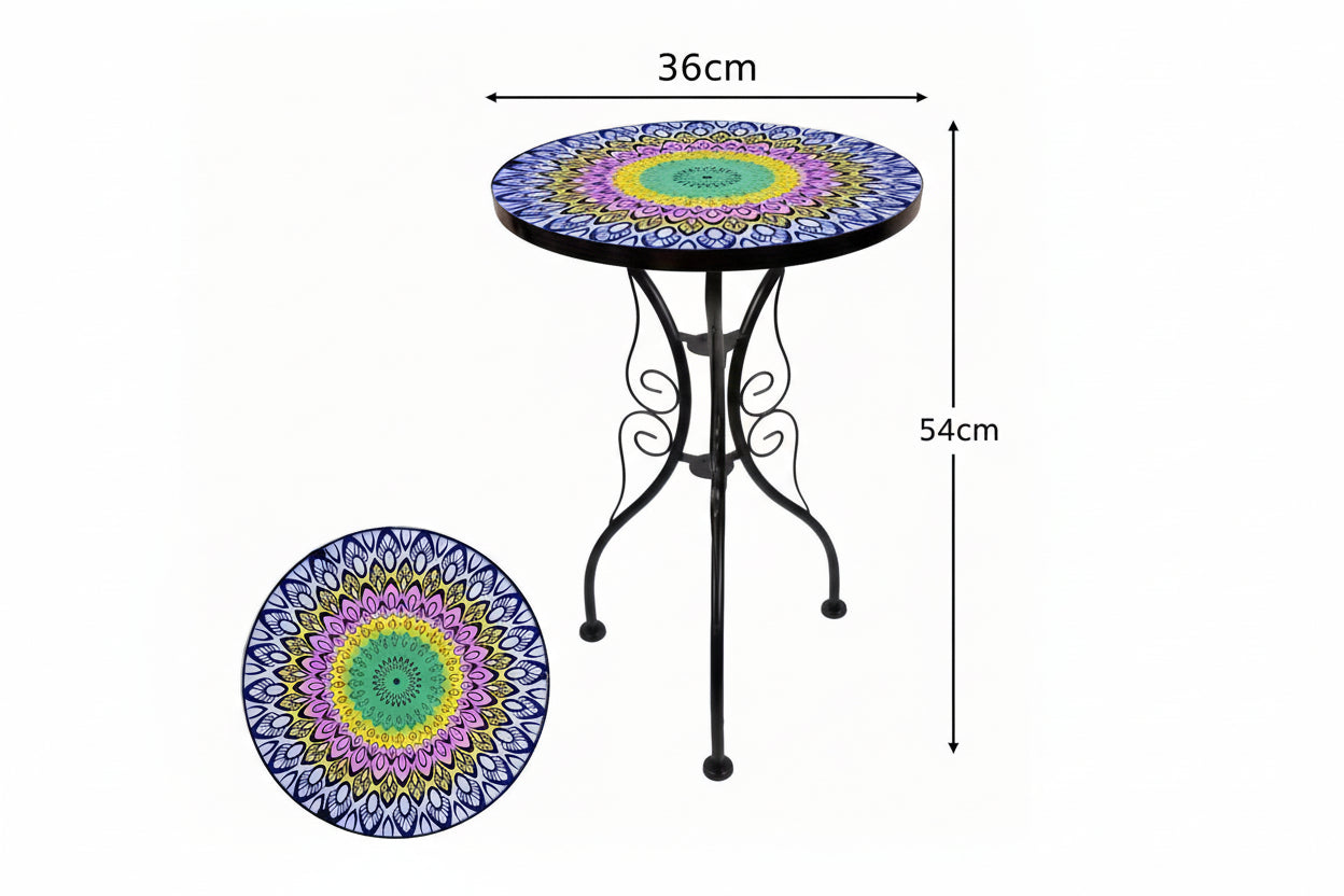 Guéridon en Fer Forgé avec Plateau Verre Mandala