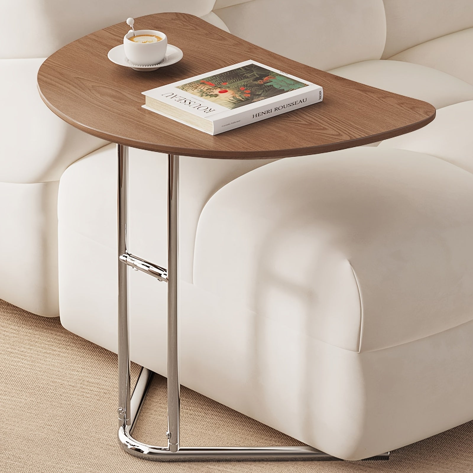 Bout de Canapé Demi-Lune Noyer avec Pieds Chromés