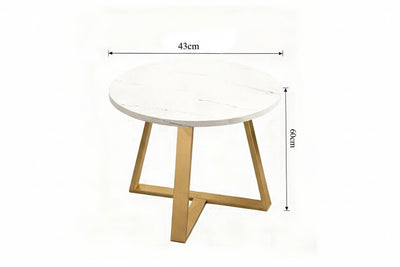 Bout de canapé rond effet marbre blanc et pieds dorés