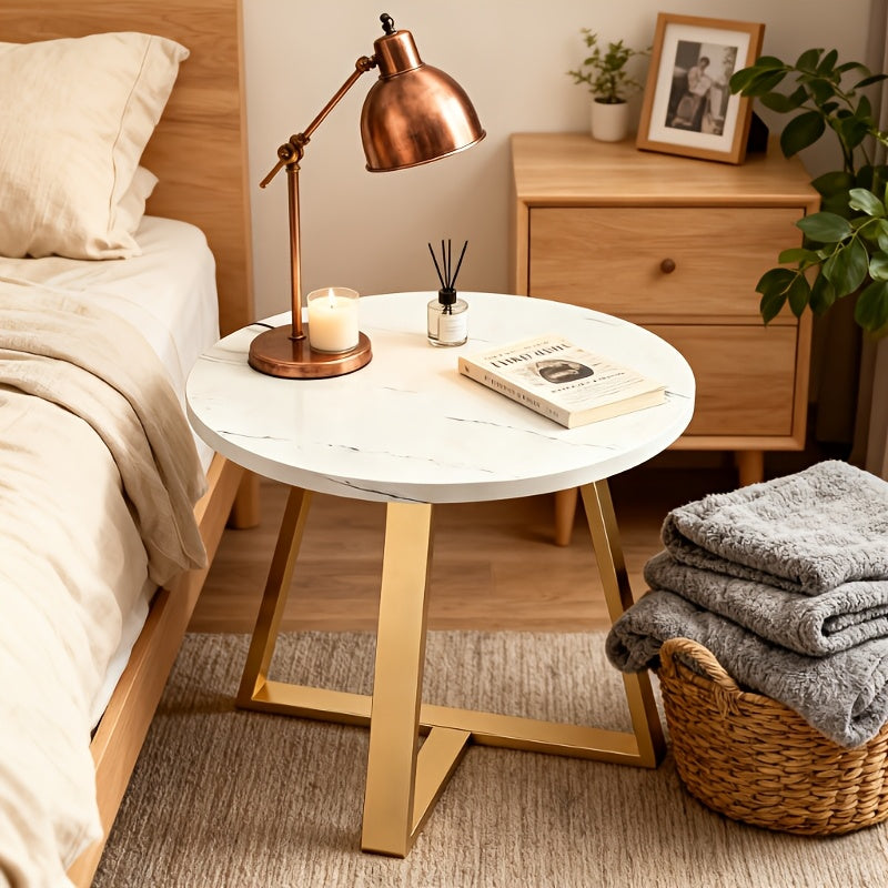 Bout de canapé rond effet marbre blanc et pieds dorés