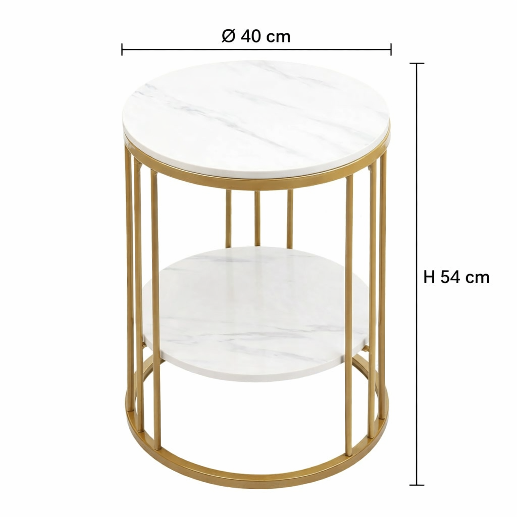 Bout de Canapé Doré avec Plateau Marbre Blanc et Rangement
