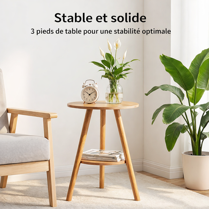 Bout de canapé rond en bois avec rangement deux niveaux