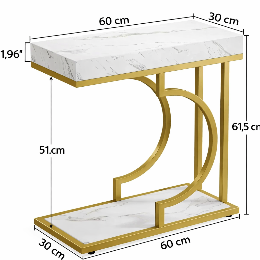 Bout de Canapé Marbre Blanc et Doré avec Rangement