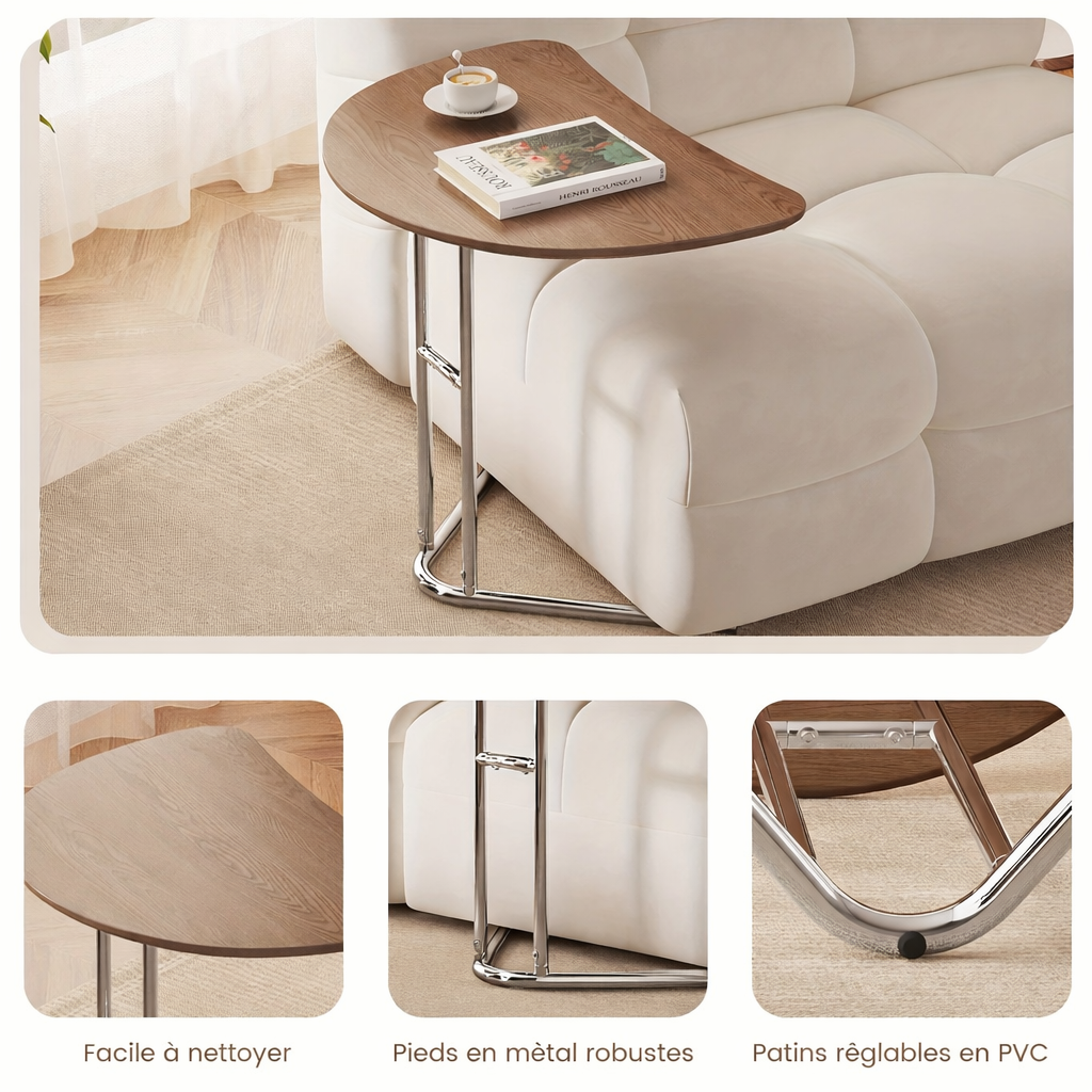 Bout de Canapé Demi-Lune Noyer avec Pieds Chromés