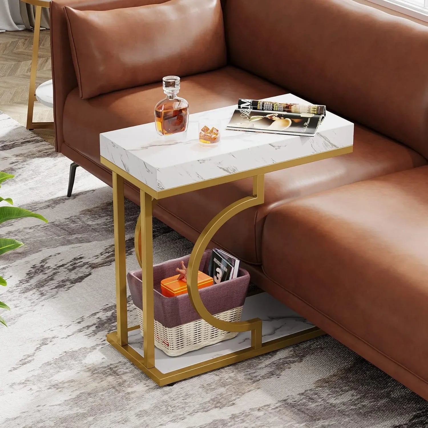 Bout de Canapé Marbre Blanc et Doré avec Rangement