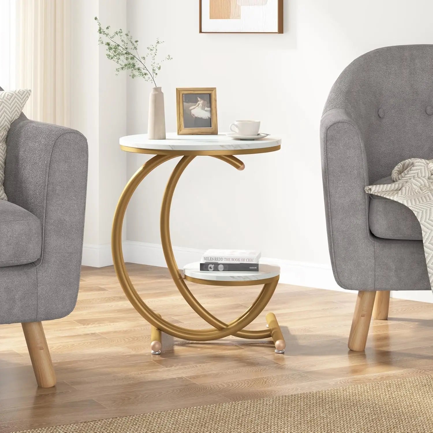 Bout de Canapé Marbre Blanc et Doré avec Rangement