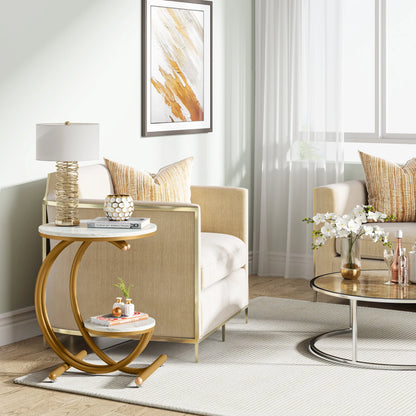 Bout de Canapé Marbre Blanc et Doré avec Rangement