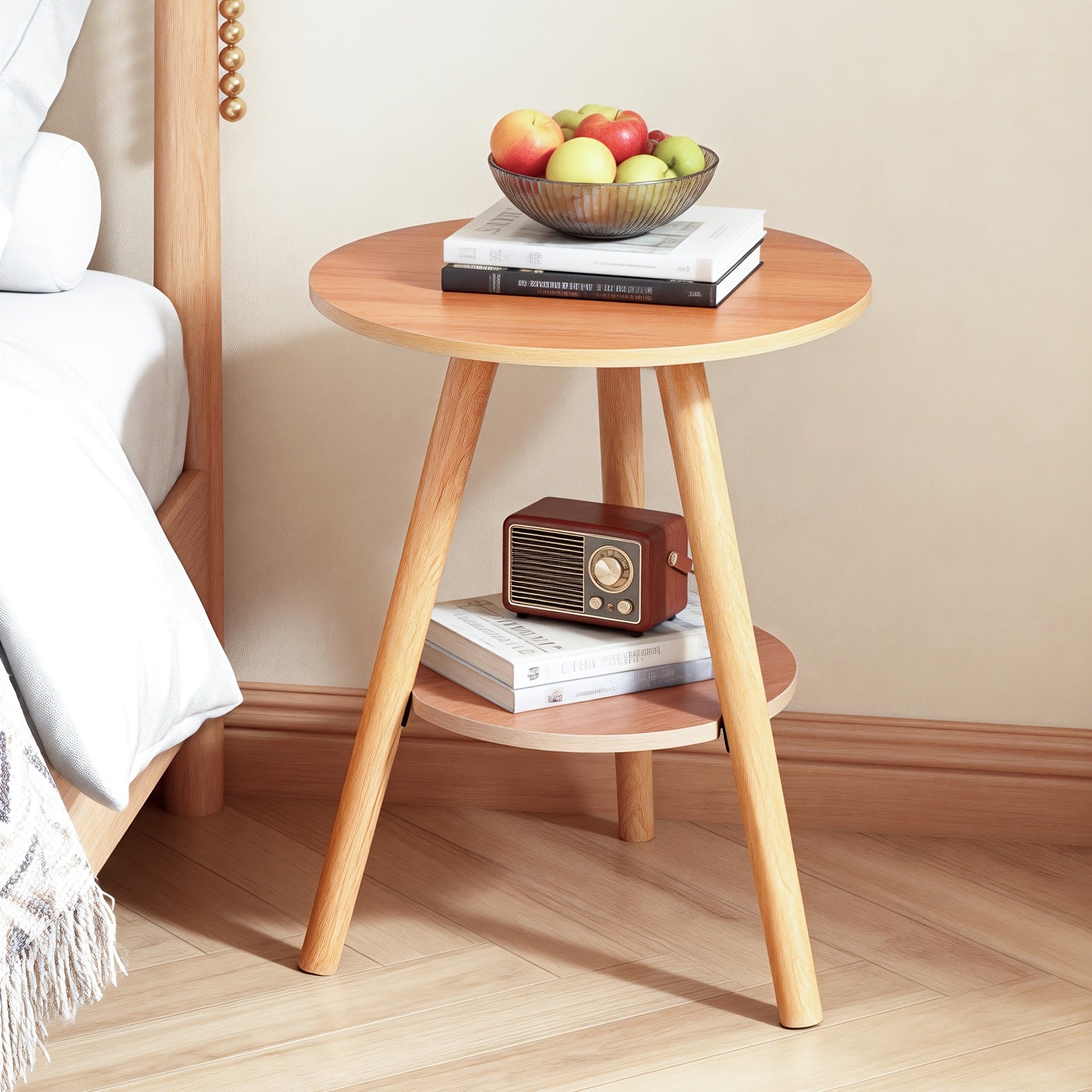 Bout de canapé rond en bois avec rangement deux niveaux