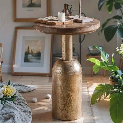 Guéridon Bois Massif Pied Doré Patiné