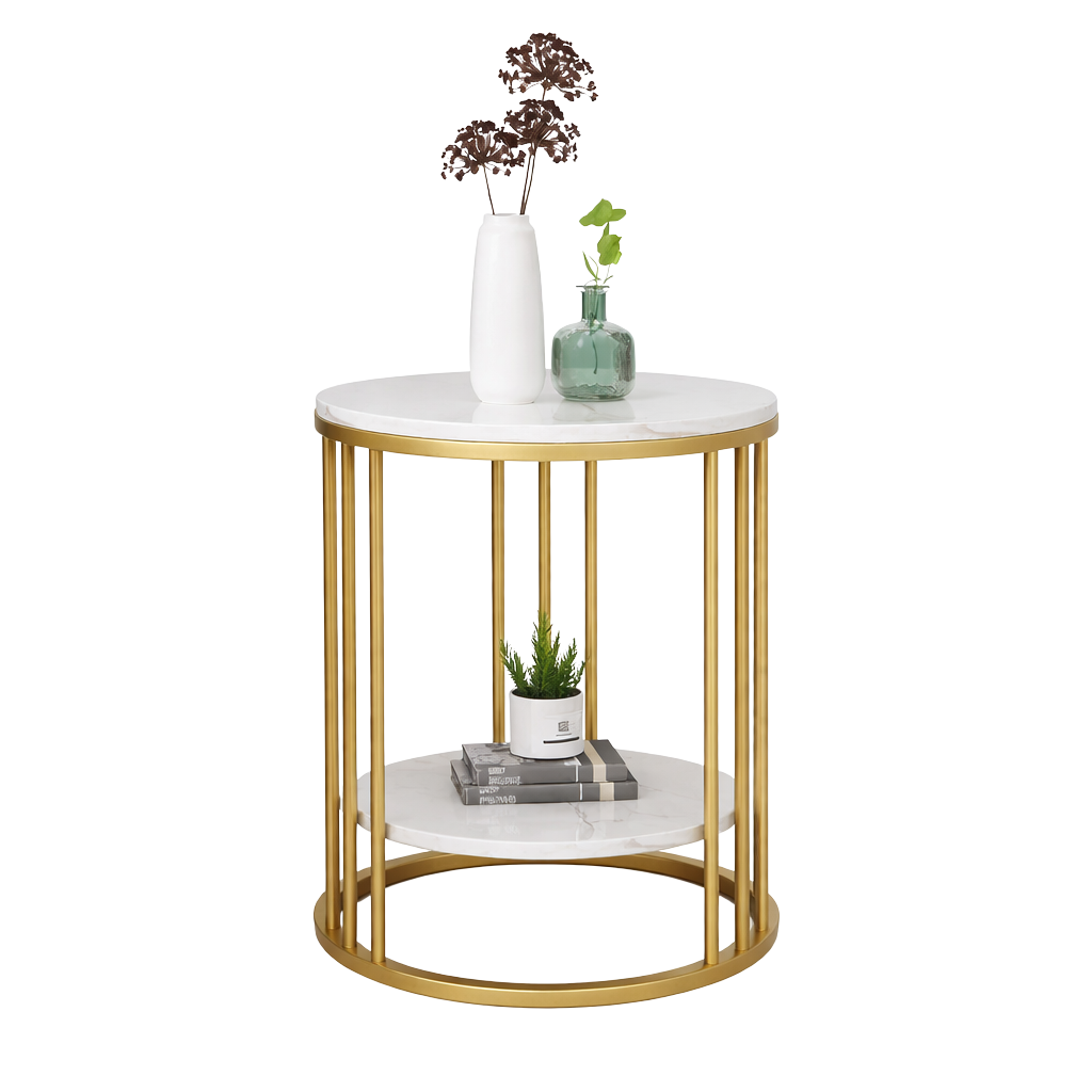 Bout de Canapé Doré avec Plateau Marbre Blanc et Rangement