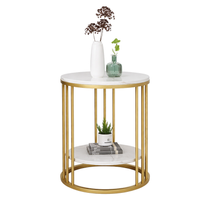 Bout de Canapé Doré avec Plateau Marbre Blanc et Rangement