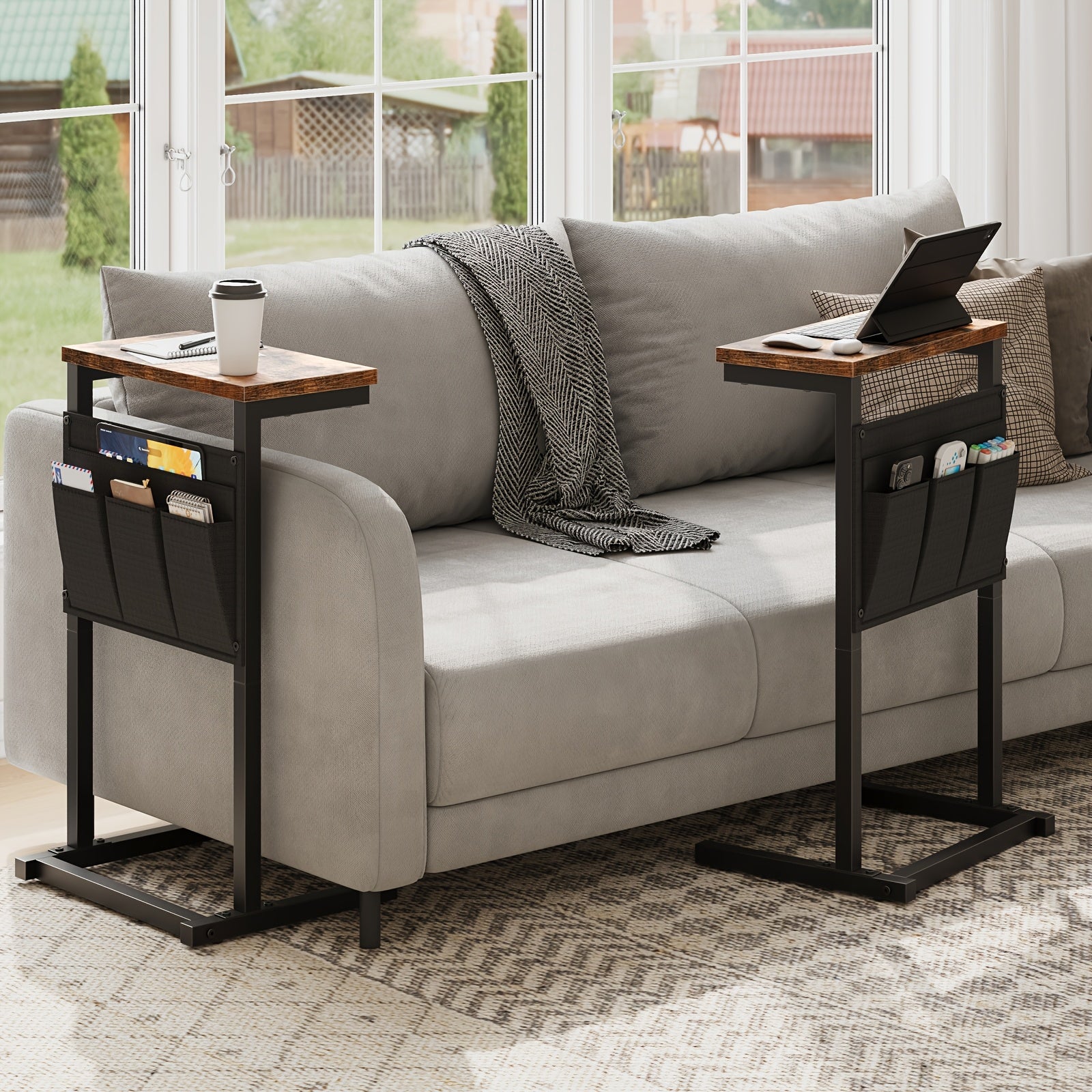 Bout de Canapé Bois et Métal avec Poches Rangement