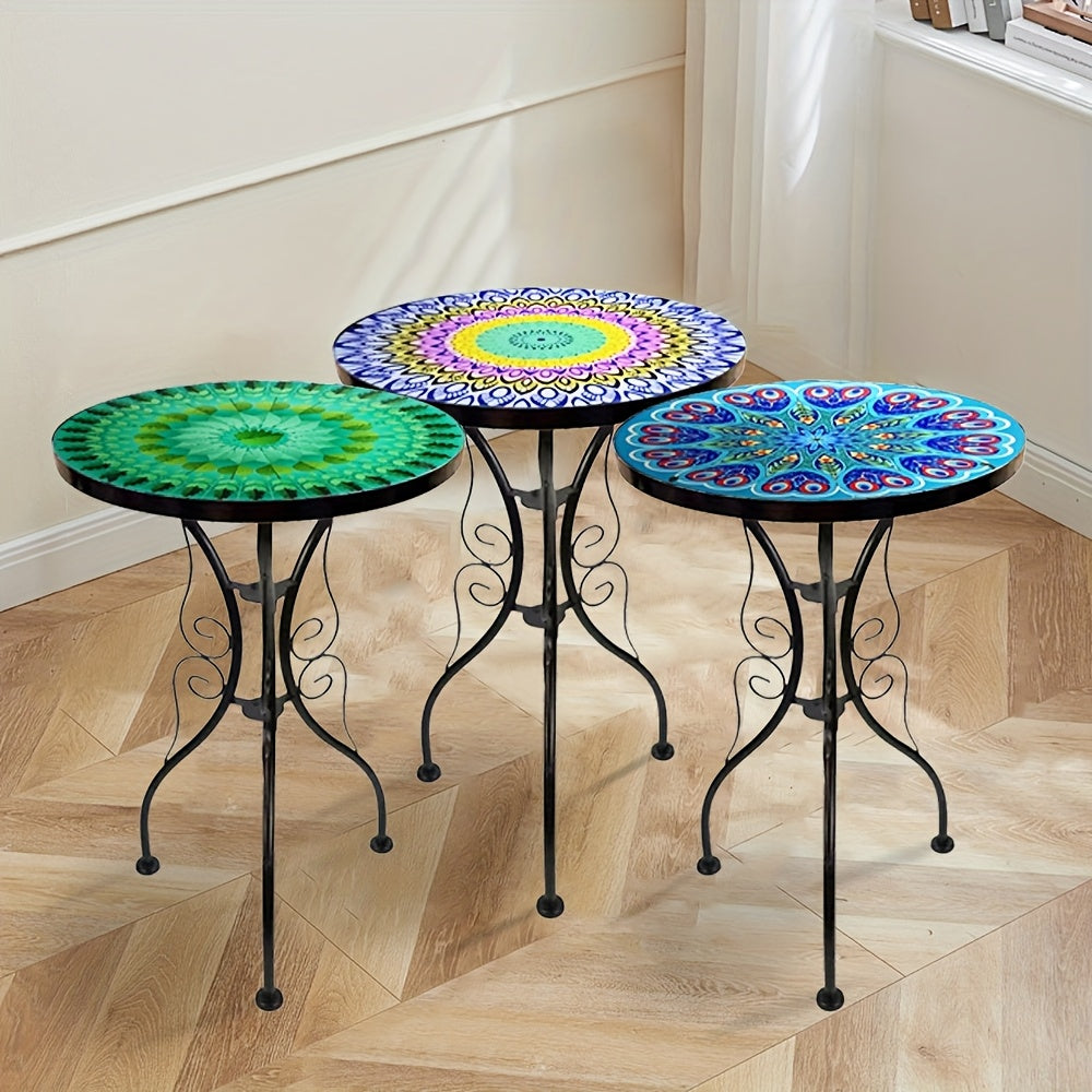 Guéridon en Fer Forgé avec Plateau Verre Mandala