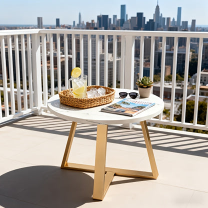 Bout de canapé rond effet marbre blanc et pieds dorés